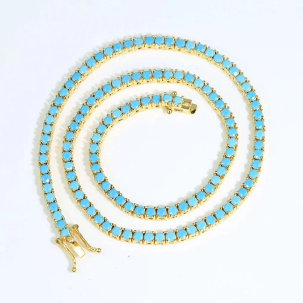 14K Gold Womens 16" Natural Turquoise Gemstone Tennis Necklace Ladies Jewelry - Picture 10 of 10
